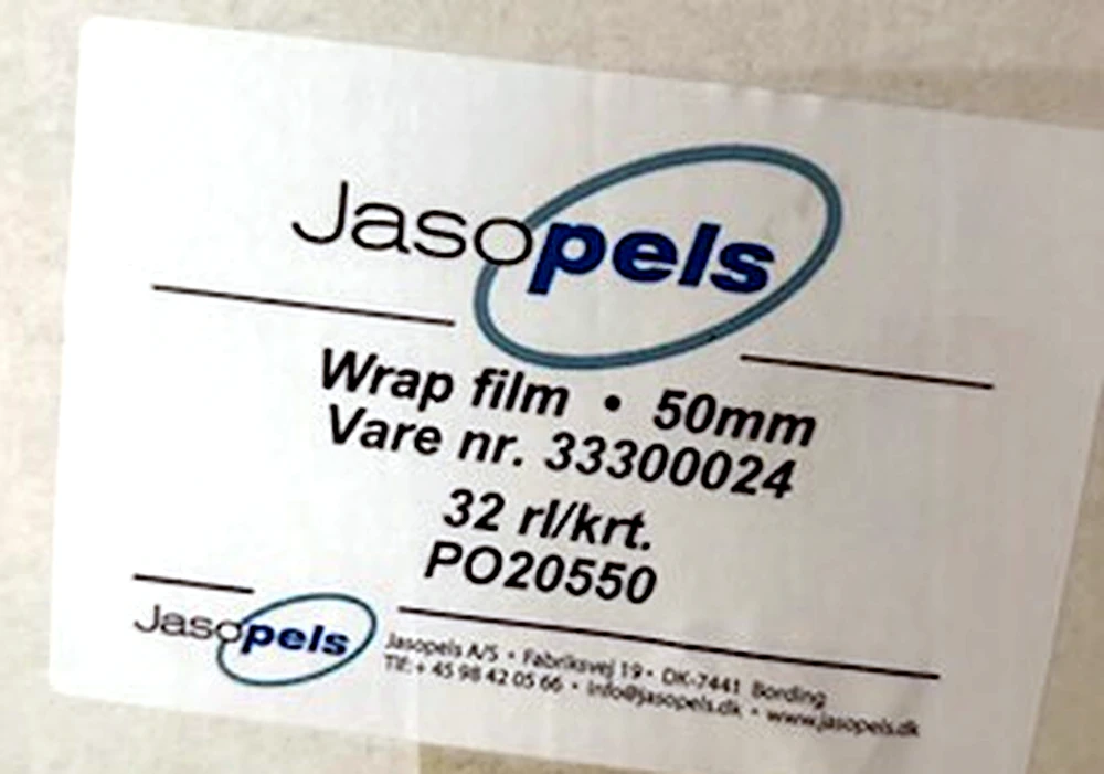 Label for Jasopels wrap film showing product data
